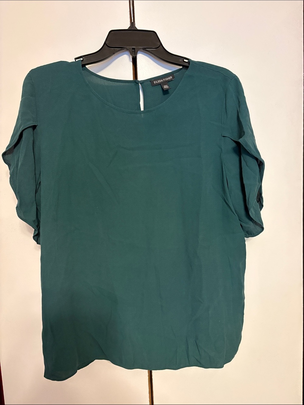 Eileen Fisher Teal Green Short-Sleeve Round-Neck Blouse 100% Silk